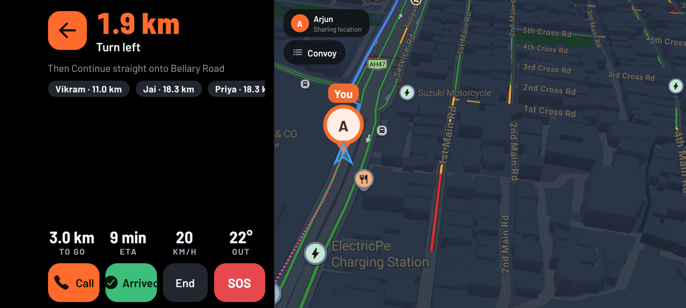 Ride Mode sideways, full screen with turn-by-turn and the riders around you