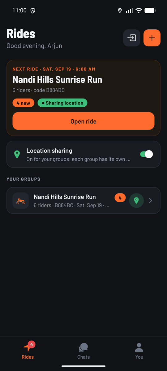 Rides page showing the next ride