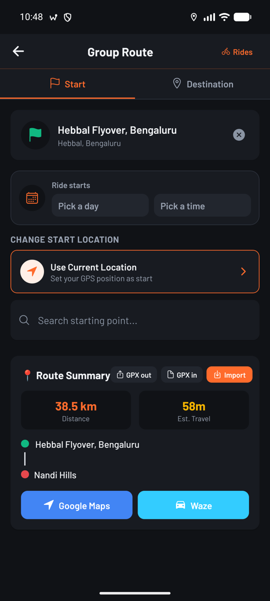 Group Route with ride day and time and GPX buttons